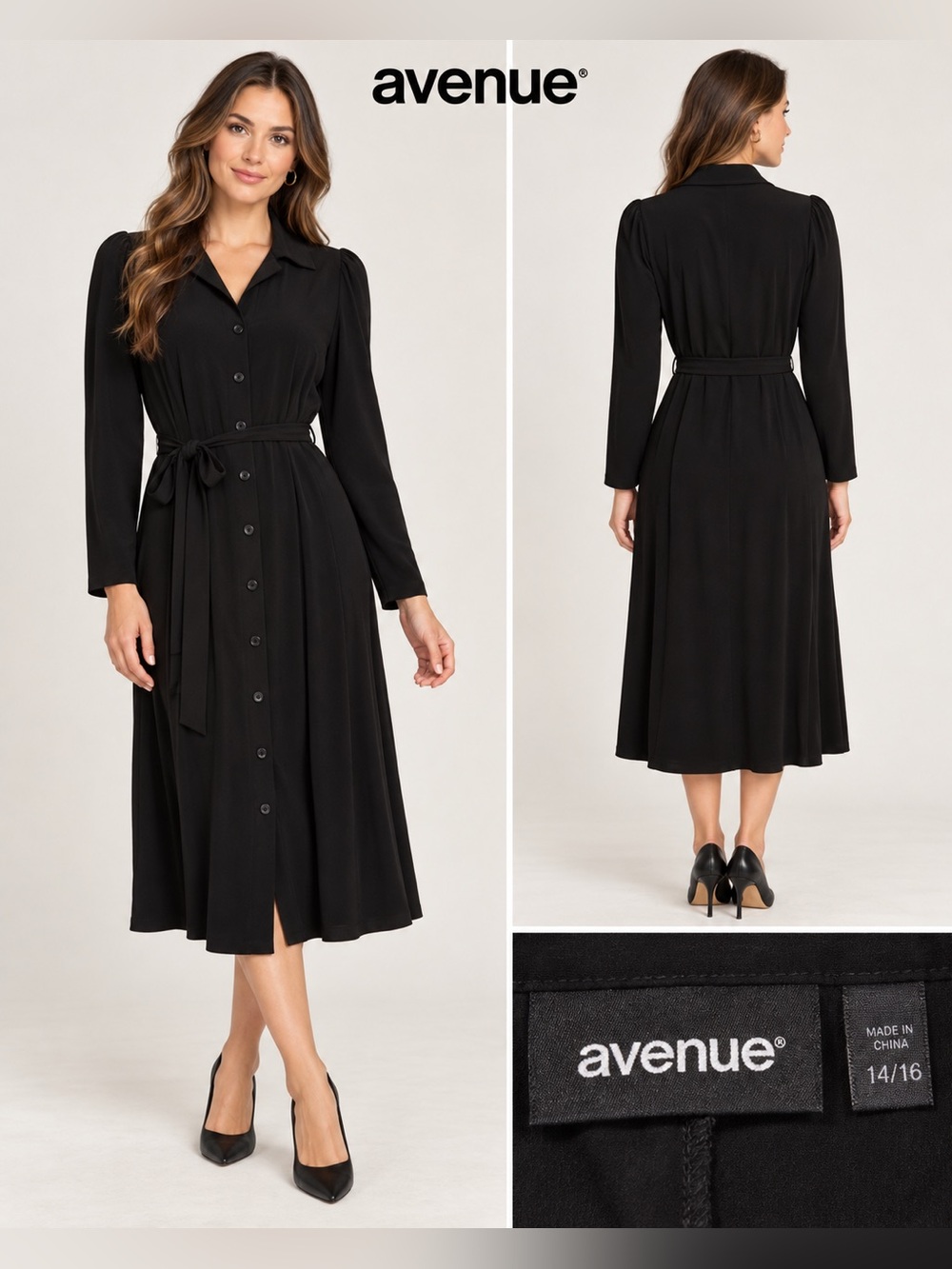 Título: Avenue Black Midi Shirt Dress Size 14/16 NWT Belted Button Front